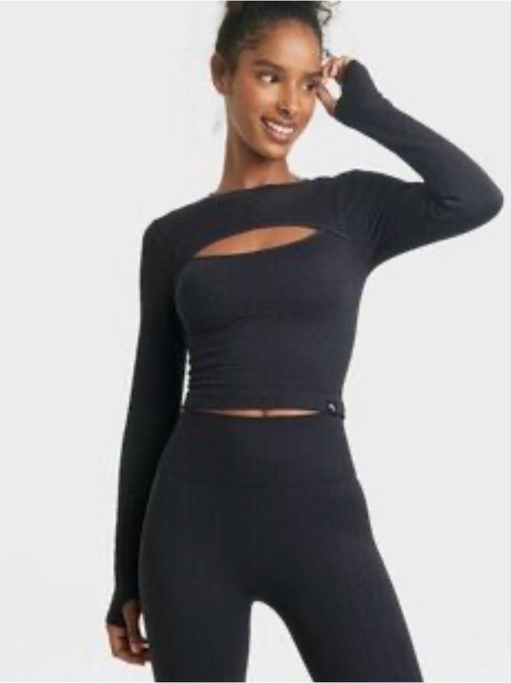 JoyLab Black textured Long-Sleeve Cutout Crop Top with thumbholes Sz L looks new